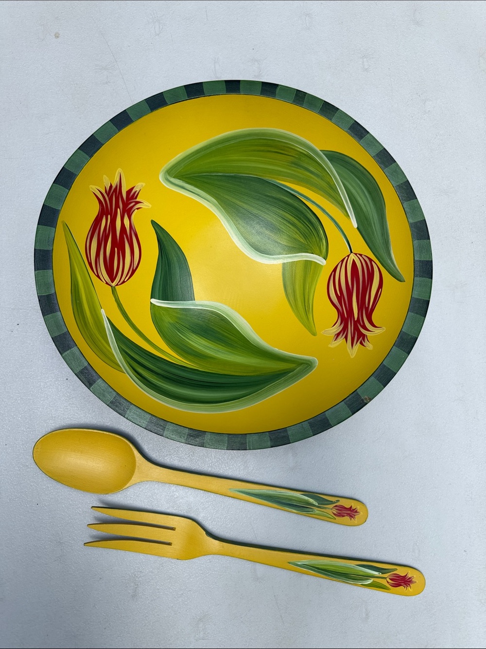 Sherwood Forest Design painted bowl set, matching fork and spoon